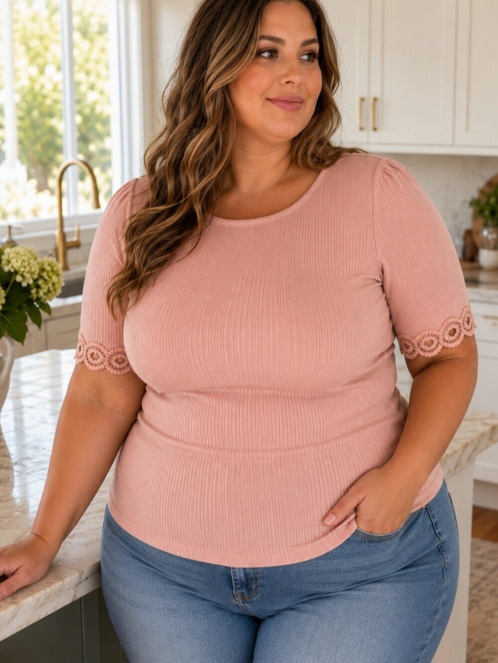 Talbots Size 2X Pink Ribbed Fitted Top Short Sleeve Crochet Trim Sleeve Detail